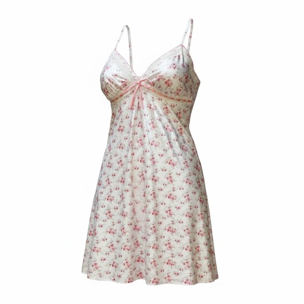 Presence Pink and White Coquette Satin Rosette Mini Slip Dress